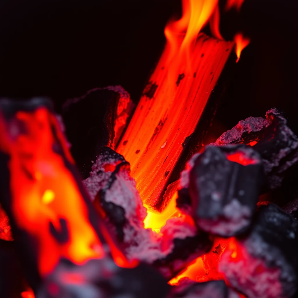 Extreme close-up of glowing orange oak coals breaking apart in a firebox.