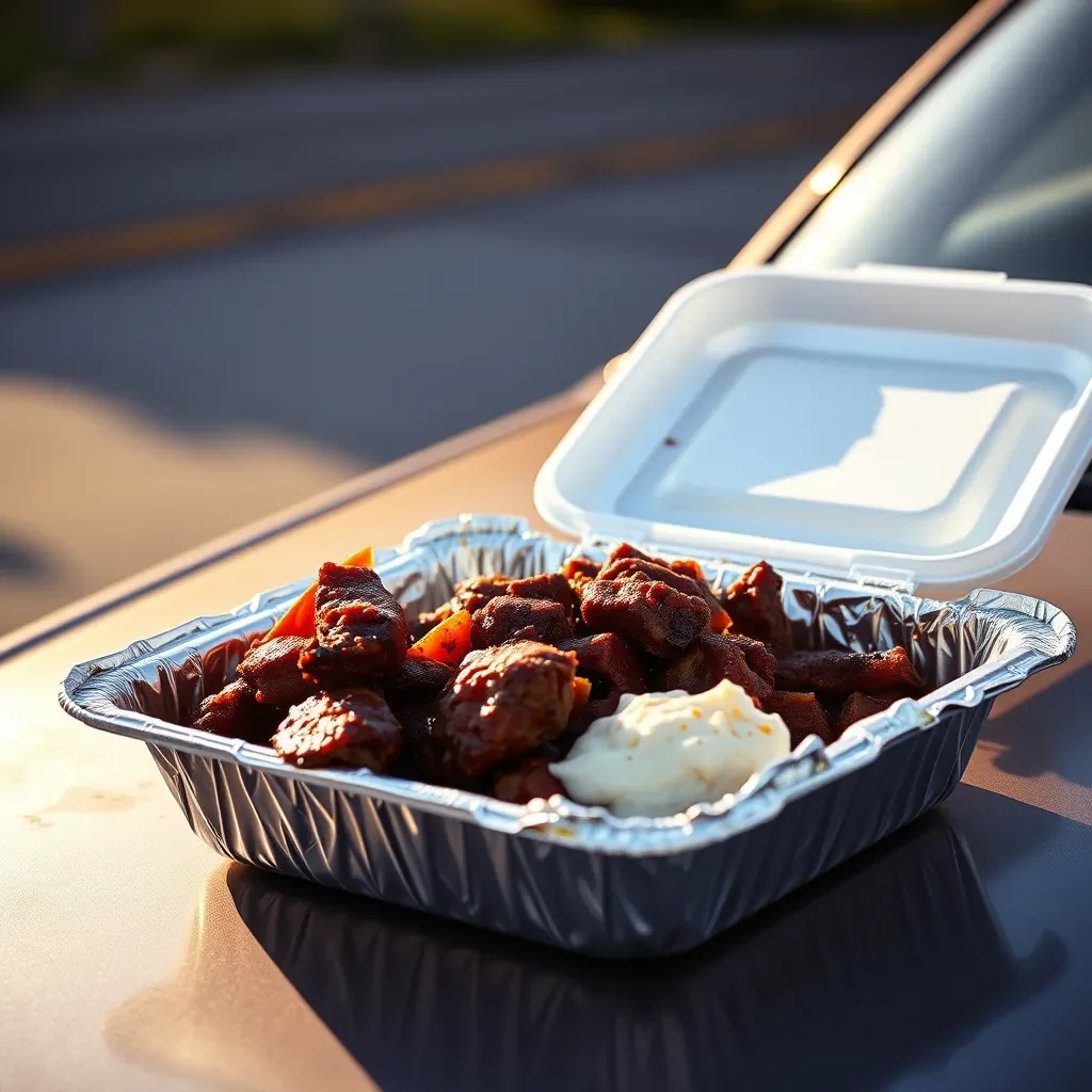 An open plain foil takeout tray heaped with saucy smoked barbecue and a scoop of side, sitting on a car hood in late afternoon sun.