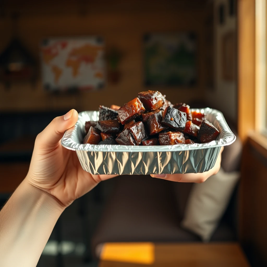 A hand holding out a plain foil tray heaped with dark smoked burnt ends toward the camera.