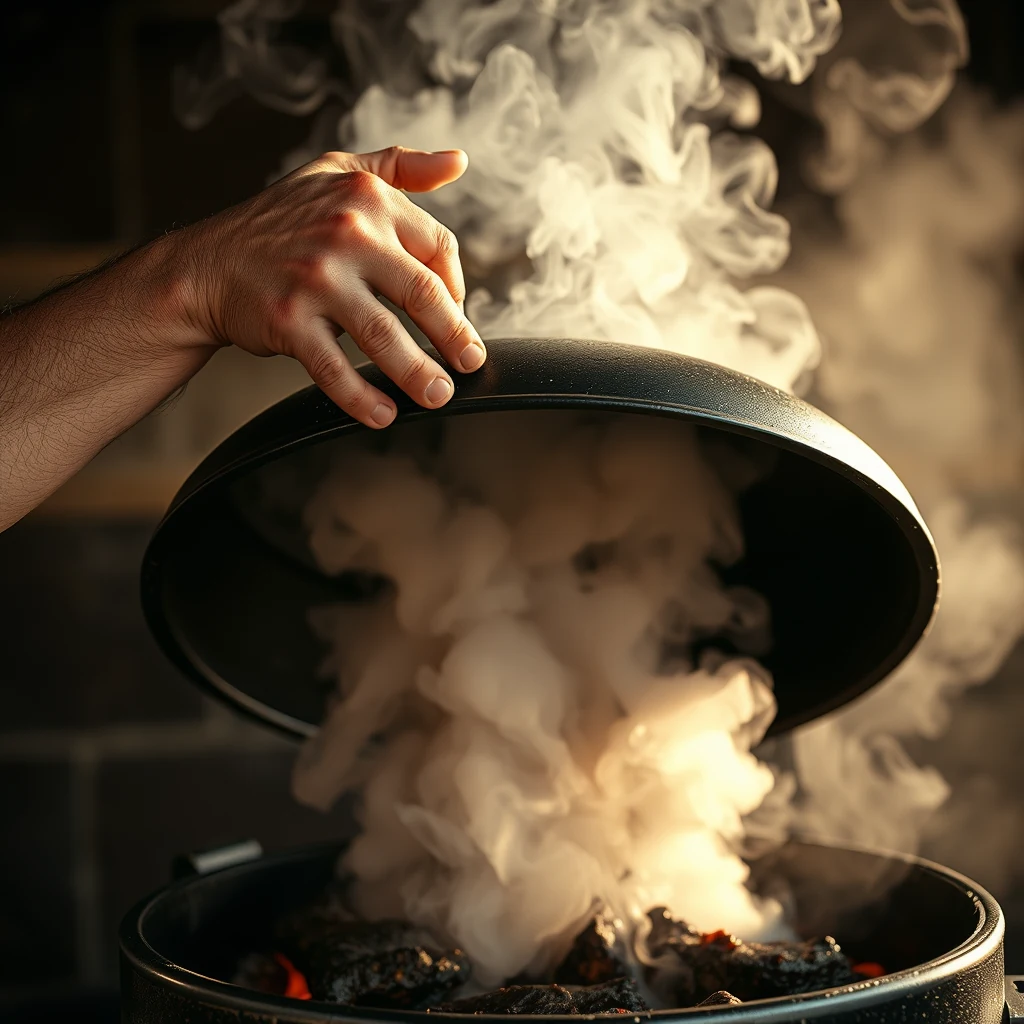 A hand lifting a smoker lid as white smoke pours off the coals.