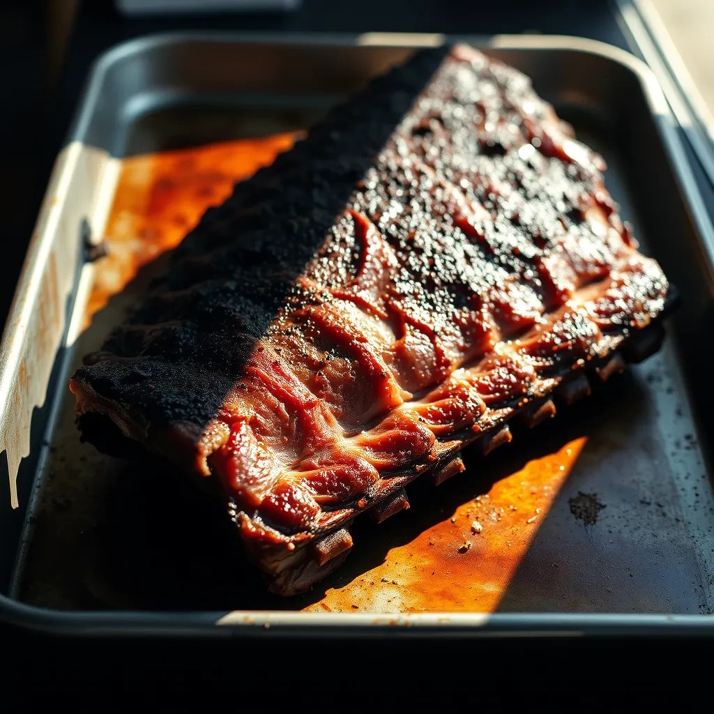 Close view of a smoked rib rack with heavy bark and glaze.