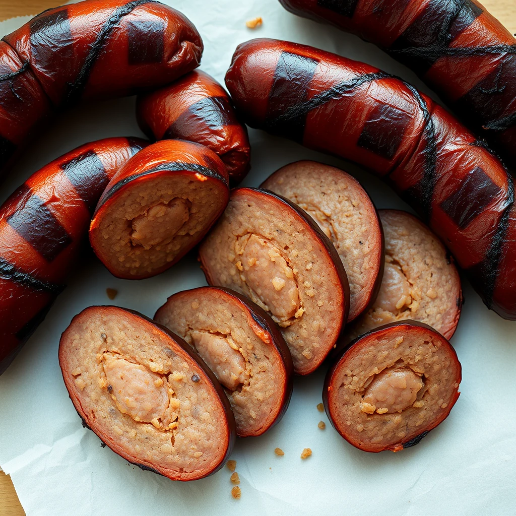 Coils of smoked sausage with dark mahogany blistered casing, several links cut into thick diagonal slices on butcher paper.