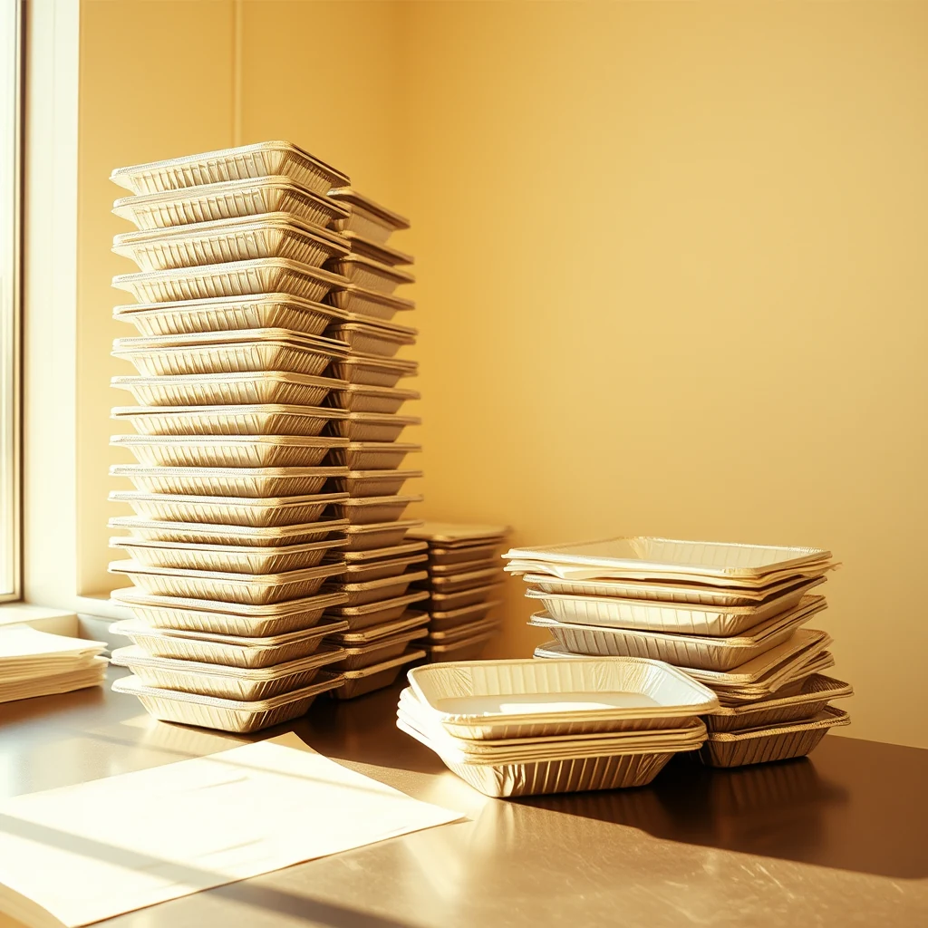 Tall neat stacks of plain unmarked foil takeout trays on a stainless steel prep counter in warm daylight.
