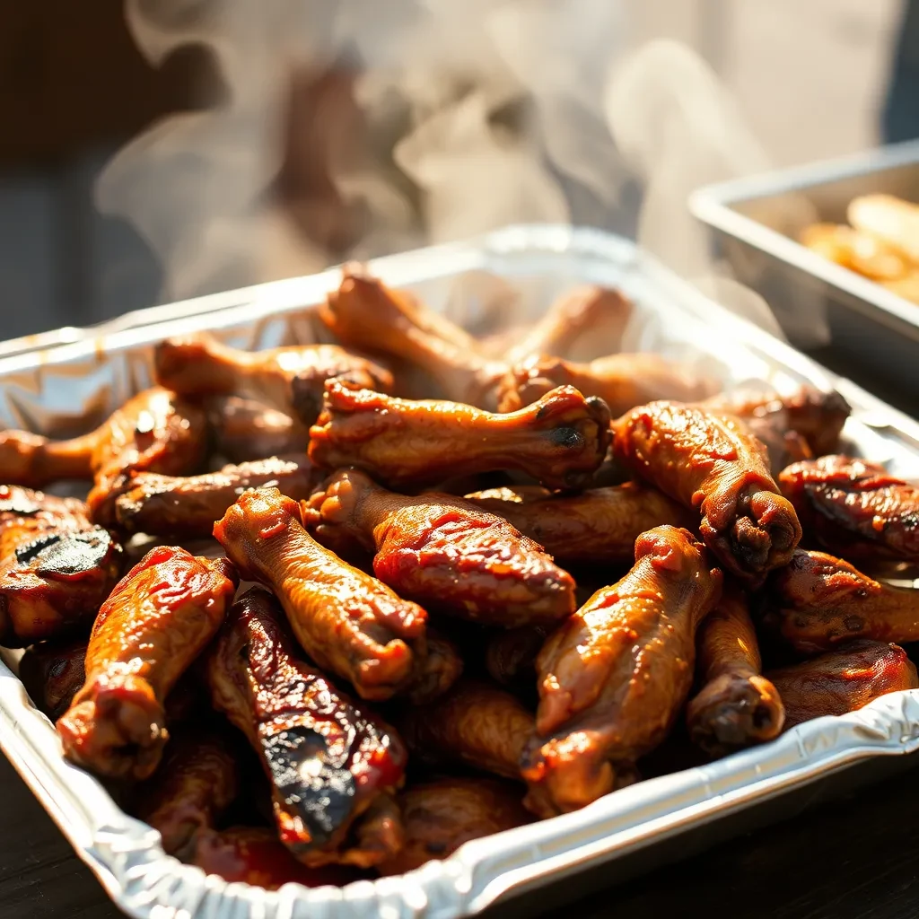 A foil pan piled with charred smoked chicken wings, steam rising in warm daylight.
